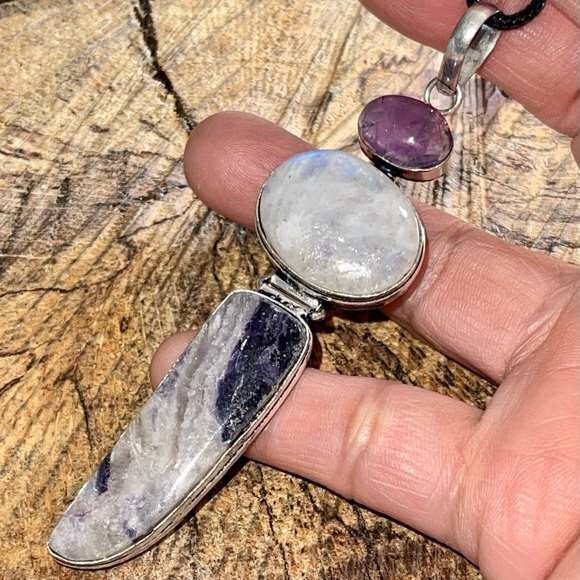 Crystal Pairing of Fluorite, Moonstone & Amethyst Pendant 3 7/8”; Large - Picture 1 of 10